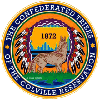 Seal of the Confederated Tribes of the Colville Reservation.
